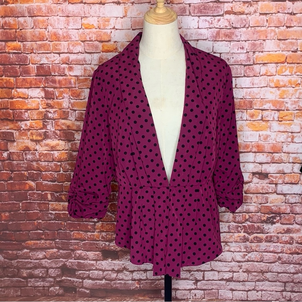 Elle Raspberry and Black Polkadot Open Front Nipped Waist Blazer Jacket